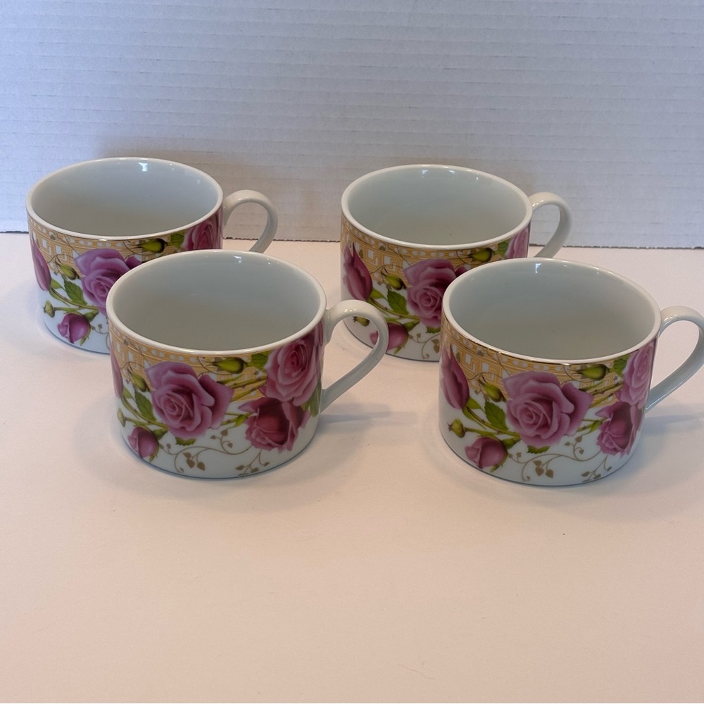 Savoy Home Floral Rose Tea Cups Gold Edging Set of 4